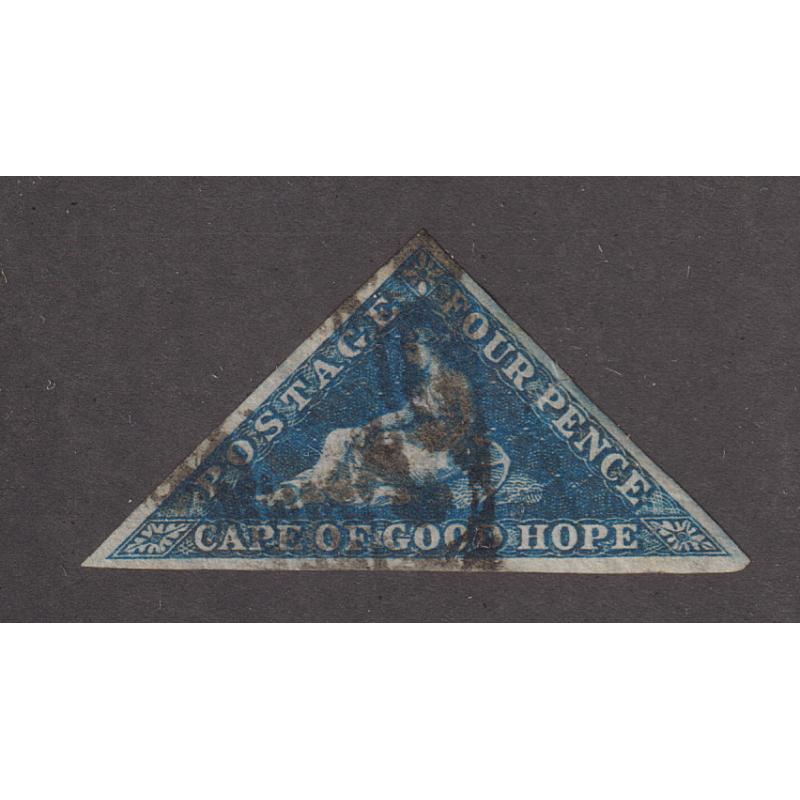 (VH1039) CAPE OF GOOD HOPE · 1853: used 4d deep blue Triangle on slightly blued paper SG 4 · three excellent margins · c.v. £170 (2 images)