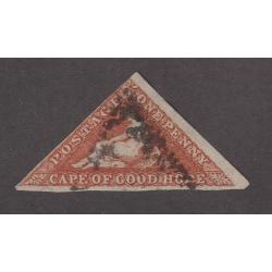 (VH1040) CAPE OF GOOD HOPE · 1853: used 1d brown-red Triangle on slightly blued paper SG 3a · LH margin close to just touching; others VG to huge · c.v. £375 (2 images)