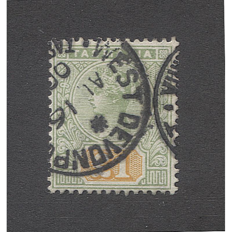 (VV10001) TASMANIA · 1897: commercially used £1 green & yellow QV Key Plate SG 225 postmarked at West Devonport · excellent colour and condition · c.v. £475 (2 images)