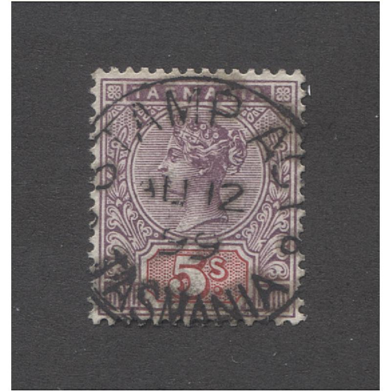 (VV10004) TASMANIA · 1899: fiscally used 5/- lilac & red QV Key Plate SG 223 with a clear central strike of the STAMP ACT datestamp · excellent example (2 images)