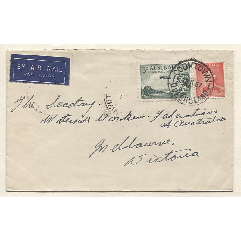 (VV10007) AUSTRALIA · 1937: commercial air mail cover mailed to Melbourne from Cooktown via Townsville (b/stamps) · fine condition