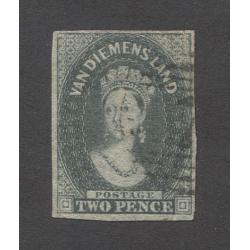 (VV10009) TASMANIA · 1860: finely used imperf 2d slate-green QV Chalon (Numeral wmk) SG 34 with 4 clear margins · a very well iron out corner crease so please view both largest images · c.v. £85