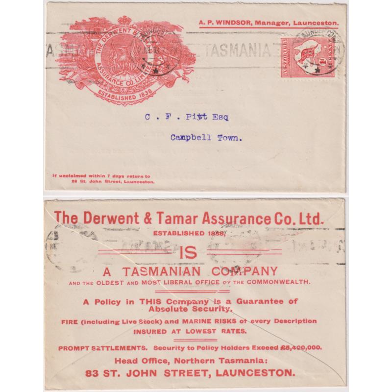 (VV1001) TASMANIA · 1913: illustrated advertising cover from THE DERWENT & TAMAR ASSURANCE CO. LIMITED (Launceston) mailed to Campbell Town · fine condition · lovely item!