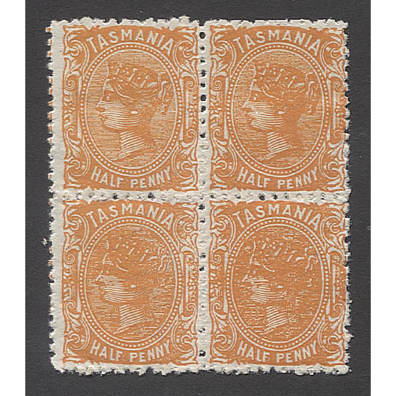 (VV10016) TASMANIA · 1880: MNH block of 4x ½d orange QV S/face (TAS wmk 16 · perf.12) SG 163 · some gum shrinkage o/wise in nice condition (2 images)