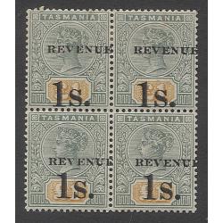 (VV10020) TASMANIA · 1919: M/MNH block of 4x £1 green & yellow QV Key Plate surcharged 1s. and optd REVENUE Craig 7.73 in fine condition · lovely "exhibit ready" item! (2 images)