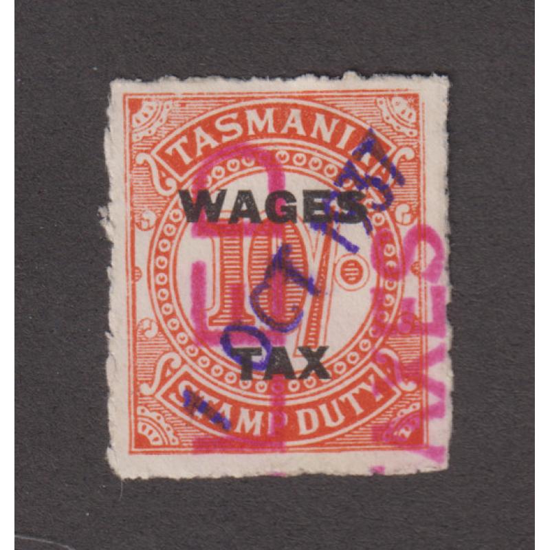(VV1003) TASMANIA · 1937: used 10/- orange-red Numeral S/Duty optd WAGES TAX (wide setting) Craig 7.410 · excellent condition