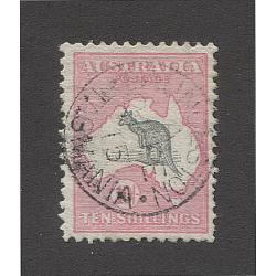 (VV10038) AUSTRALIA · 1913: nicely used 10/- grey & pink Roo (1st wmk) SG 14 · despite 6 tiny closed pin-holes this is still a very presentable example · c.v. £700 (2 images)