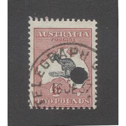 (VV10039) AUSTRALIA · 1934: £2 black & rose Roo (CofA wmk) with telegraph puncture and postmark · nice "usage item" (2 images)