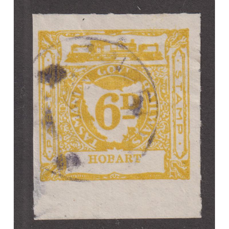 (VV1004) TASMANIA · 1930s: used 6d yellow-ochre 'Hobart' Railway Parcel stamp from 3rd Garratt Issue Craig & Ingles 1340h · thinned in LL corner but very presentable from the business side · see largest image
