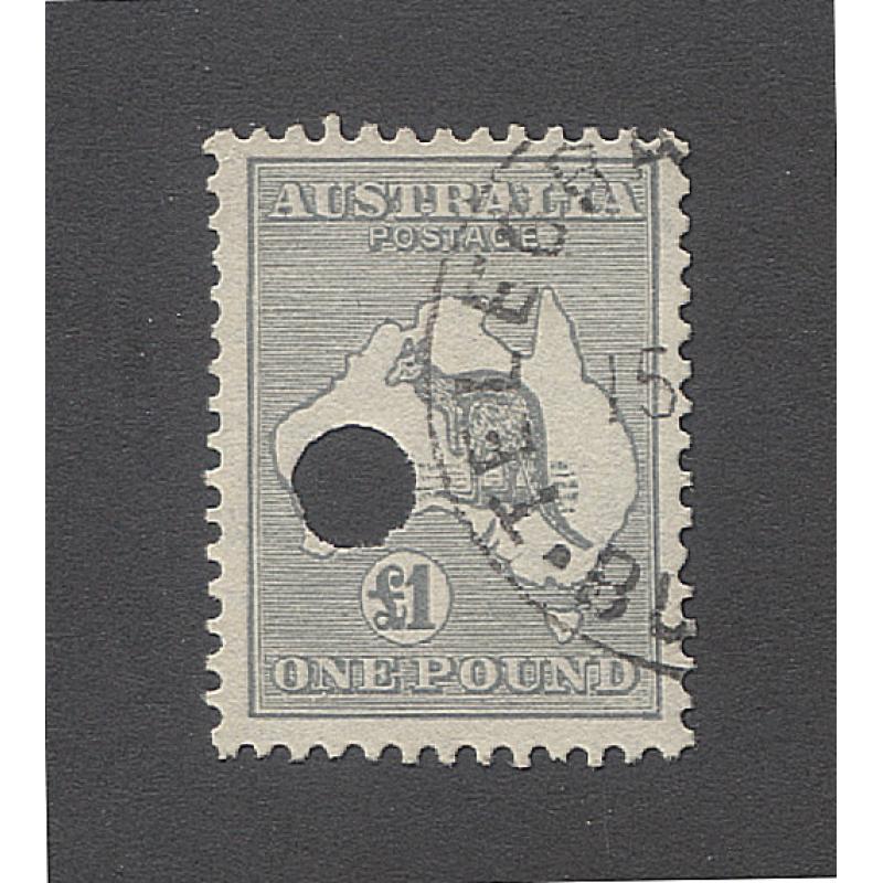 (VV10040) AUSTRALIA · 1935: £1 grey Roo (CofA wmk) with telegraph puncture and postmark · nice "usage item" (2 images)