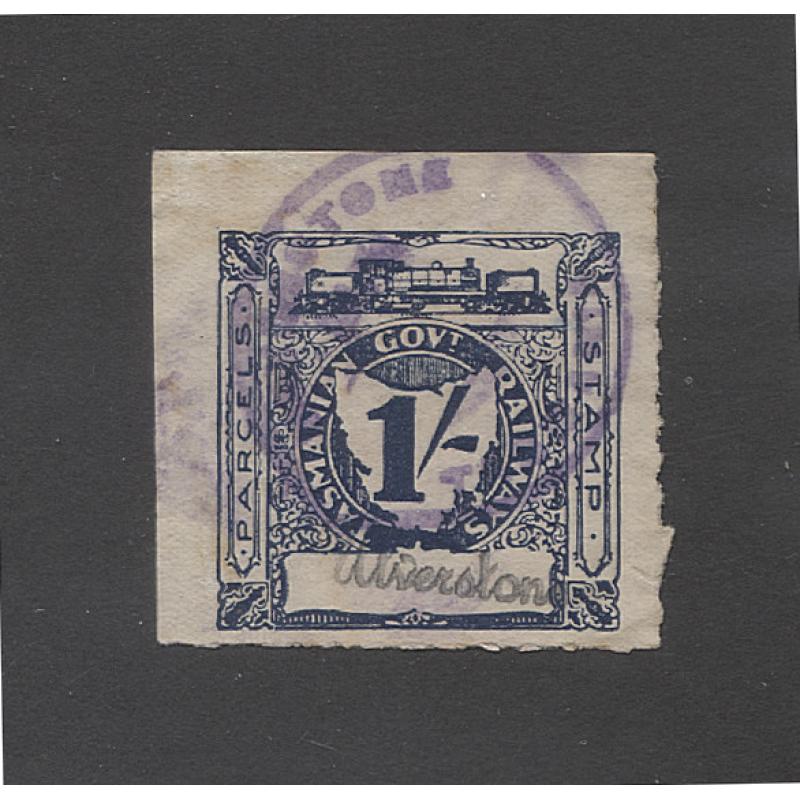 (VV10042) TASMANIA · used 1/- deep blue railway parcel stamp from 3rd Garratt issue C&I 1343 with void panel stamped "Ulverstone" and cancelled with obvious h/stamp impression · excellent condition