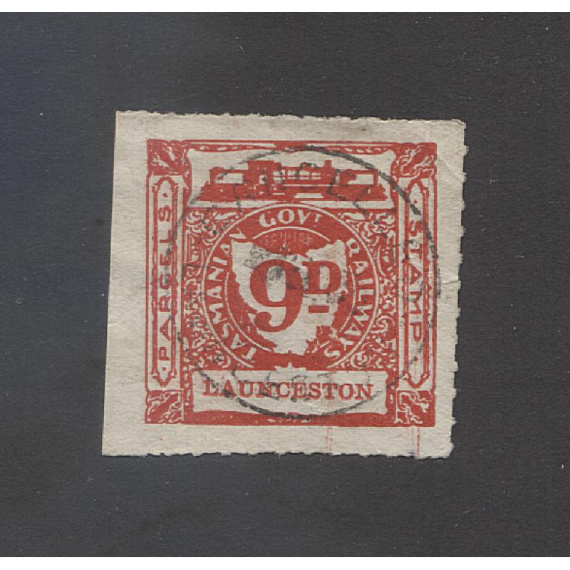 (VV10043) TASMANIA · used 9d red 'Launceston' Railway Parcel stamp from 3rd Garratt Issue Craig & Ingles 1342 with light impression of steel CANCELLED LAUNCESTON datestamp · nice condition for a used stamp