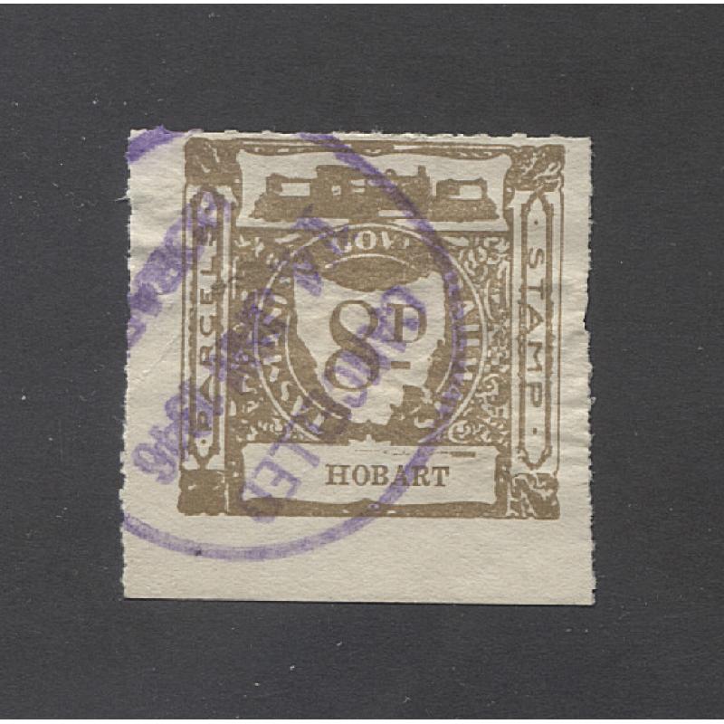 (VV10044) TASMANIA · 1946: used 8d bistre "Hobart' Railway Parcel stamp from 3rd Garratt issue C&I #1341a · any imperfections are quite minor ..... see both largest images · a very collectable example