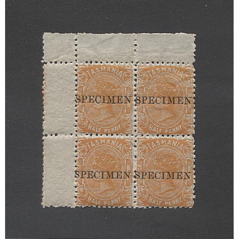 (VV10045) TASMANIA · 1890s fresh MNH block of 4x ½d orange QV S/face on gummed thin unwatermarked paper optd SPECIMEN perf.11.8 · selvedge crease o/wise condition is F to VF (2 images)