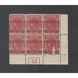 (VV10046) TASMANIA · 1890s: block of 6x 'Halfpenny' surchd 1d deep red QV S/face printed on ungummed stout paper optd REPRINT. · corner unit has WEDGE FLAW and De La Rue progressive plate number '41' · VF condition (2 images)
