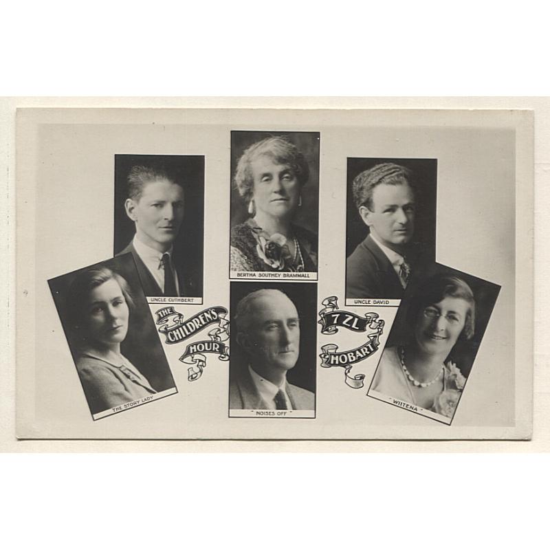 (VV10049) TASMANIA · 1930s: real photo card featuring portraits of the cast of THE CHILDREN'S HOUR broadcast by ABC radio station 7ZL at Hobart in fine condition  ..... an ideal purchase to celebrate the ABC's 90th birthday during 2022!