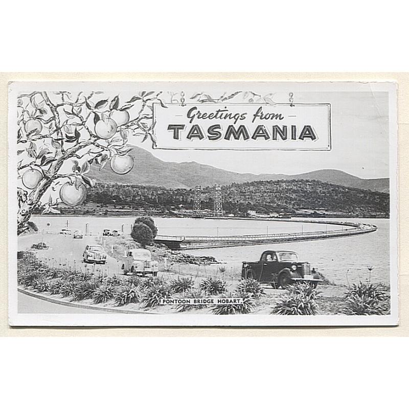 (VV10054) TASMANIA · c.1950: unused "Greetings from Tasmania" real photo card by Murray Views with a view of the PONTOON BRIDGE, HOBART in F to VF condition