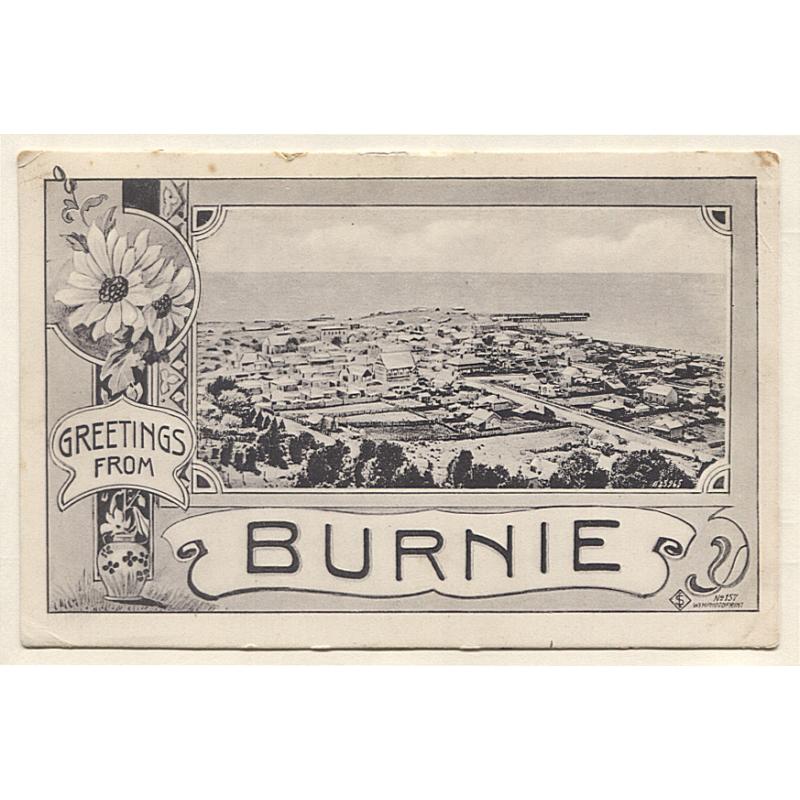 (VV10056) TASMANIA · 1907: postally used GREETINGS FROM card published by Stutterds Storekeepers Wynyard with a view of BURNIE · see full description · excellent condition