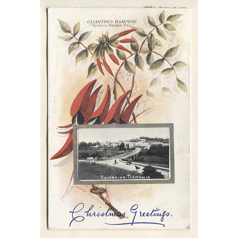 (VV10065) TASMANIA · 1907: postally used generic "Sturt's Desert Pea" greetings card to which a printed photo of DELORAINE has been affixed · publisher unknown · excellent condition