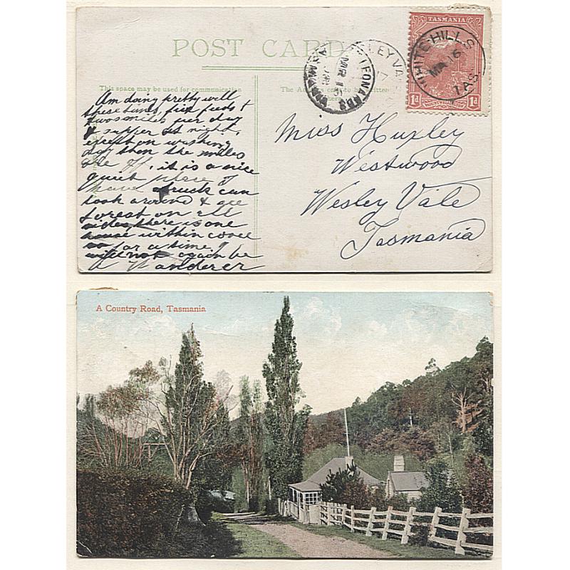 (VV10079) TASMANIA · 1908: card by Valentine w/view titles A COUNTRY ROAD ~ mailed from WHITE HILLS with full strike of Type 1a cds rated R-(7)