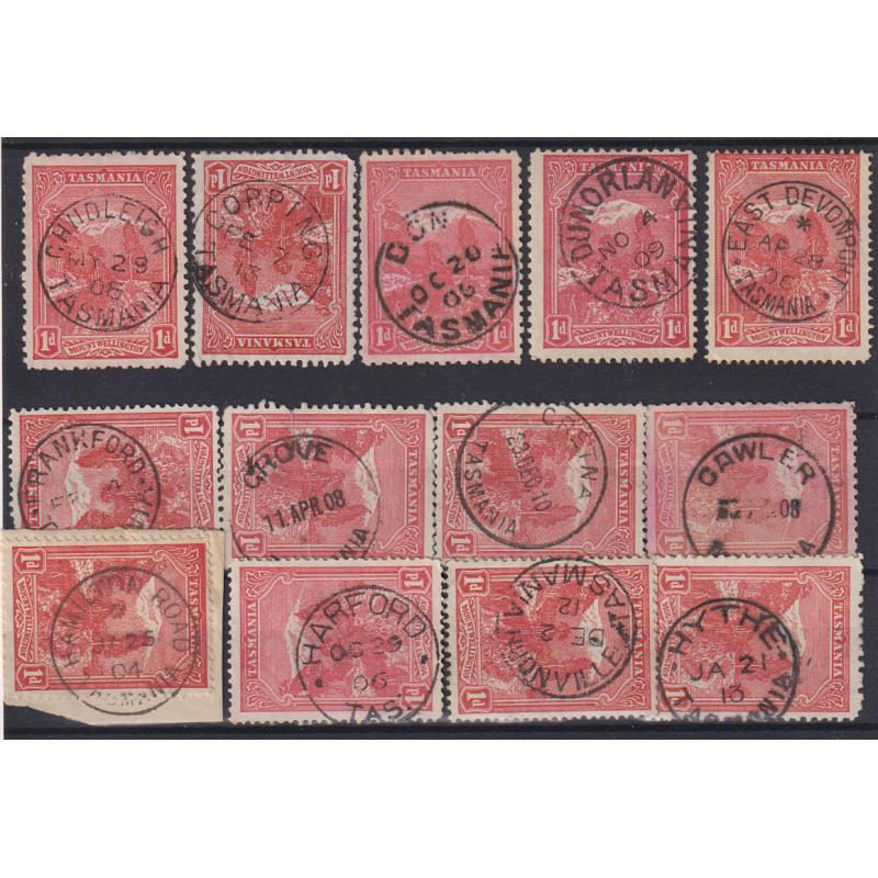 (VV1017) TASMANIA · a "Baker's Dozen" of selected postmarks on 1d Pictorials - includes scarcer e.g. GAWLER, HAMILTON ROAD, HARFORD, CHUDLEIGH, etc. (13)