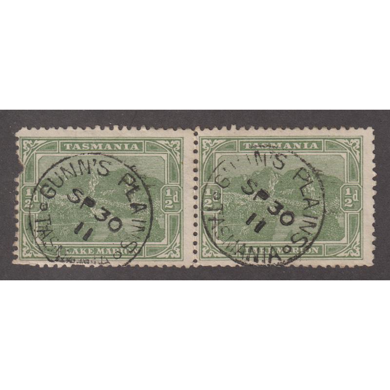 (VV1021) TASMANIA · 1911: two unusually clear strikes of the GUNNS PLAINS Type 1 cds on a pair of ½d Pictorials · postmark is rated R-(7**) and is much rarer still on this stamp!