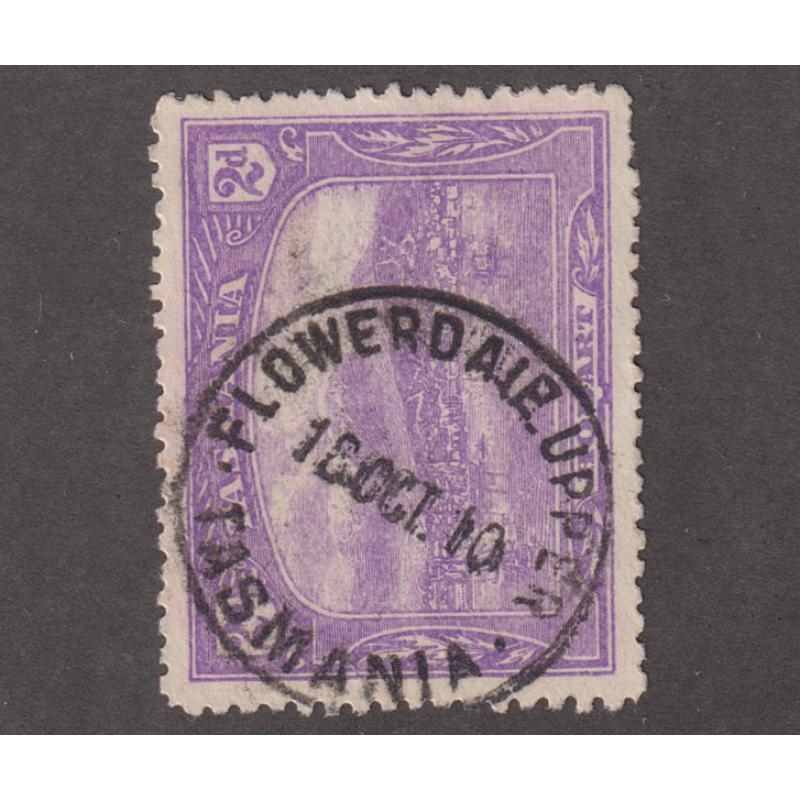(VV1028) TASMANIA · 1910: a bold impression of the FLOWERDALE UPPER Type 2 cds on a 2d Pictorial · postmark is rated R(8)