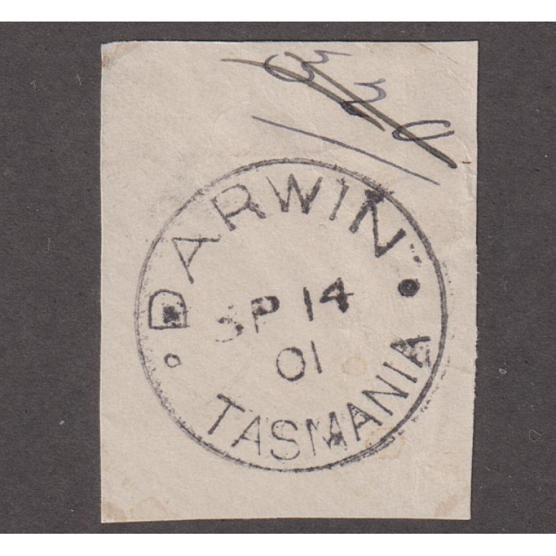 (VV1029) TASMANIA · 1901: an A1+ quality strike of the DARWIN Type 1 cds on a small near envelope clipping · postmark is rated 2R