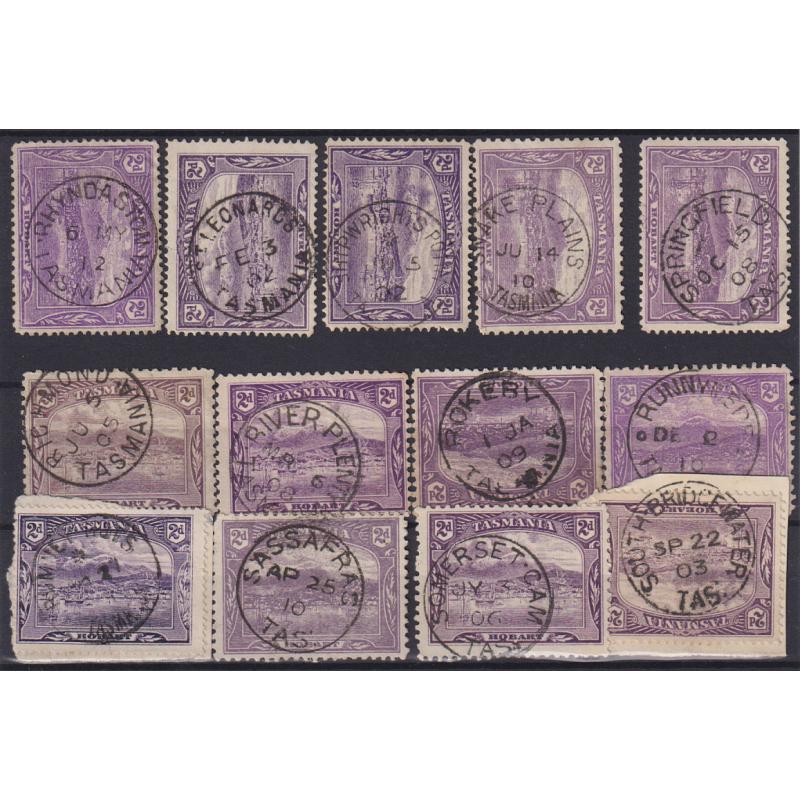 (VV1030) TASMANIA · a "Baker's Dozen" of selected postmarks on 2d Pictorials - includes scarcer e.g. SNAKE PLAINS, SPRINGFIELD, ROKEBY, RUNNYMEDE, RUMNEY HUTS, SOUTH BRIDGEWATER, etc. (13)