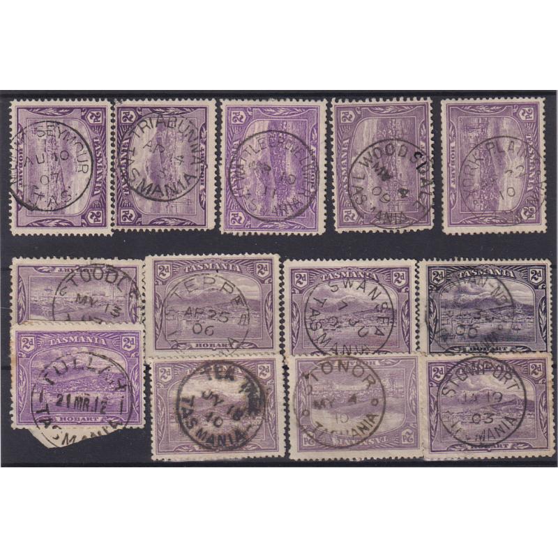 (VV1031) TASMANIA · a "Baker's Dozen" of selected postmarks on 2d Pictorials - includes scarcer e.g. MOUNT SEYMOUR, WATTLE GROVE LOWER, STOODLEY, STEPPES, STRAHAN No.2, STOWPORT, etc. (13)