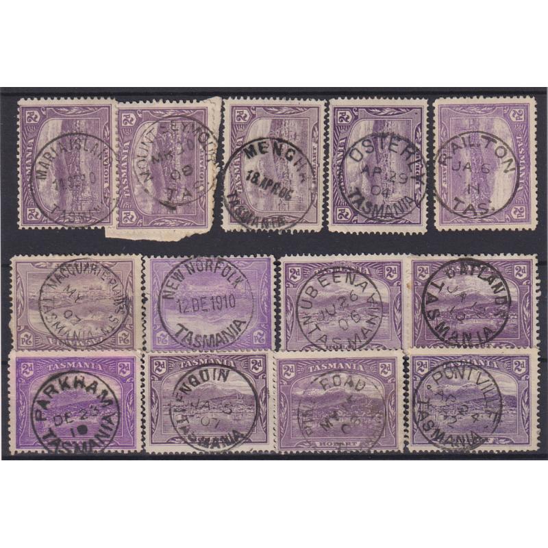 (VV1032) TASMANIA · a "Baker's Dozen" of selected postmarks on 2d Pictorials - includes scarcer e.g. MARIA ISLAND, MENGHA, MACQUARIE PLAINS STN, PARKHAM, PINE ROAD, etc. (13)