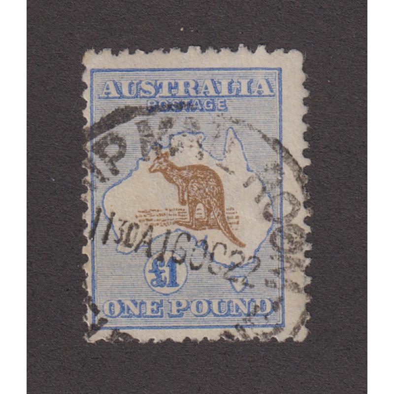 (VV1036) AUSTRALIA · 1916: used £1 chocolate & dull blue Roo (3rd wmk) SG 44 · see full description · c.v. £1600 (2 images)