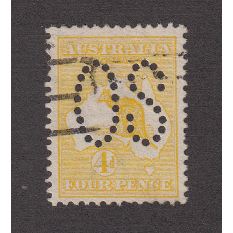 (VV1039) AUSTRALIA · 1913: used 4d yellow-orange Roo (1st wmk) perf large OS SG O6a · minor indentation below LIA probably made by m/canceller o/wise in excellent condition · c.v. £180 (2 images)