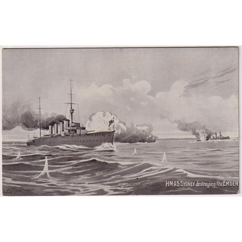 (VV1043) AUSTRALIA · 1914/15: unused "SW" Series card with illustrated view captioned HMAS SYDNEY DESTROYING THE EMDEN in excellent to fine condition
