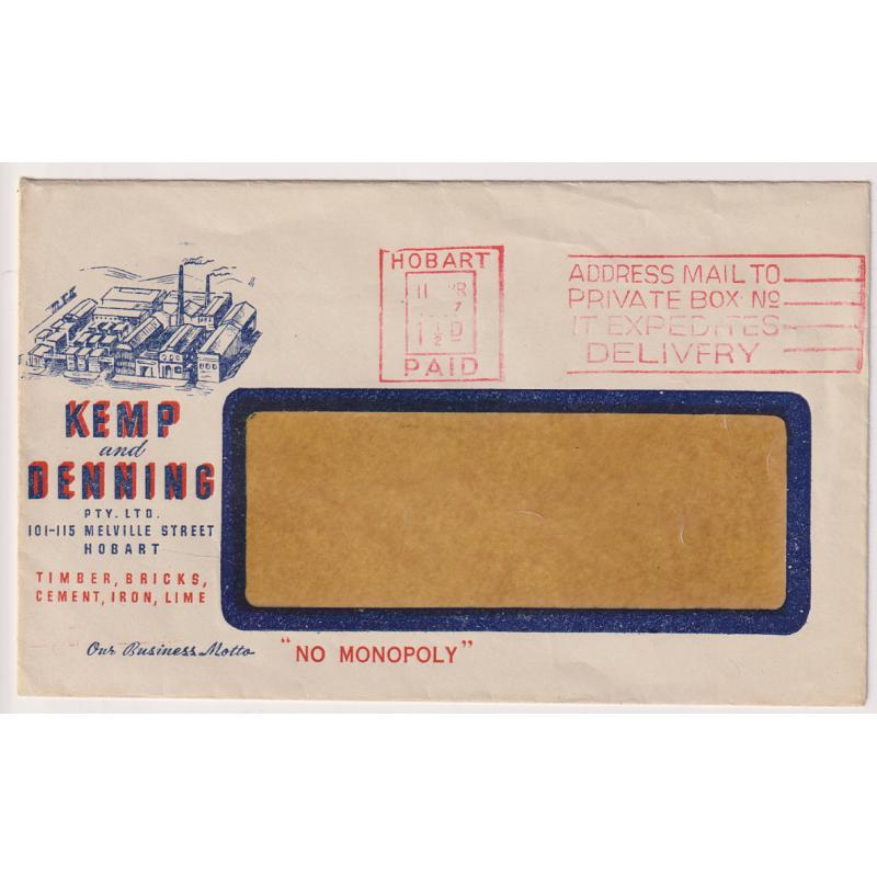 (VV1067) AUSTRALIA · TASMANIA · 1947: used KEMP and DENNING HOBART advertising envelope in fine condition