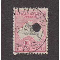 (VV1070) AUSTRALIA · 1932: 10/- grey and pink Roo (CofA wmk) SG136 with telegraph puncture and cds · excellent "usage item" in nice condition (2 images)