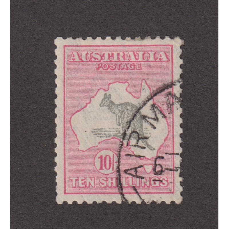 (VV1071) AUSTRALIA · 1932: commercially used 10/- grey & pink Roo (CofA wmk) SG 136 · some shortish perfs however the stamp is quite well-centred, clean and a very collectable example · c.v. £150 (2 images)