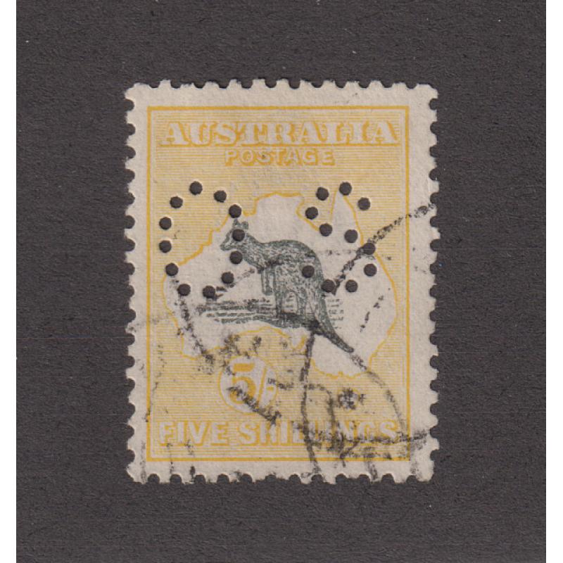 (VV1075) AUSTRALIA · 1915: used 5/- grey & yellow Roo (3rd wmk) perf OS SG O50 · reasonable centering for this stamp with full perfs · c.v. £70 (2 images)