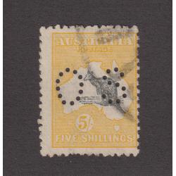 (VV1076) AUSTRALIA · 1915: use 5/- grey & yellow Roo (2nd wmk) perf OS SG O37 · o/c to R with any imperfections being very minor · c.v. £225 (2 images)