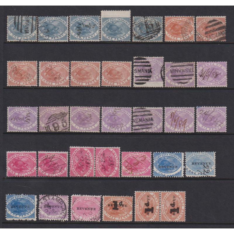 (VV1134) TASMANIA · 1880/1903: 34 Platypus stamp duties to 1/- including some postally used examples · condition is mixed so please view the largest image (34)
