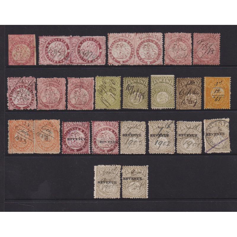 (VV1136) TASMANIA · 1868/1904: used St George & Dragon stamp duties to 10/- including 'REVENUE' overprints · condition mixed so please view the largest image (25)