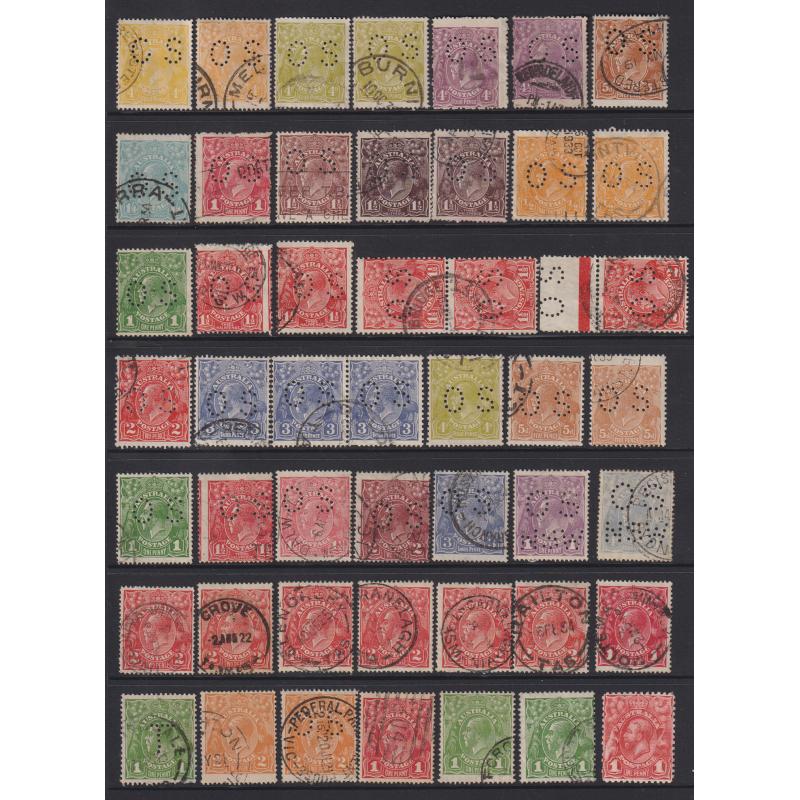 (VV1137L) AUSTRALIA · 1913/31: consignment remainders comprising mostly used KGV defins (including OS perfins) to 1/4d · includes some useful items · also some M/U Roos to 2/- · 100+ stamps (3 images)