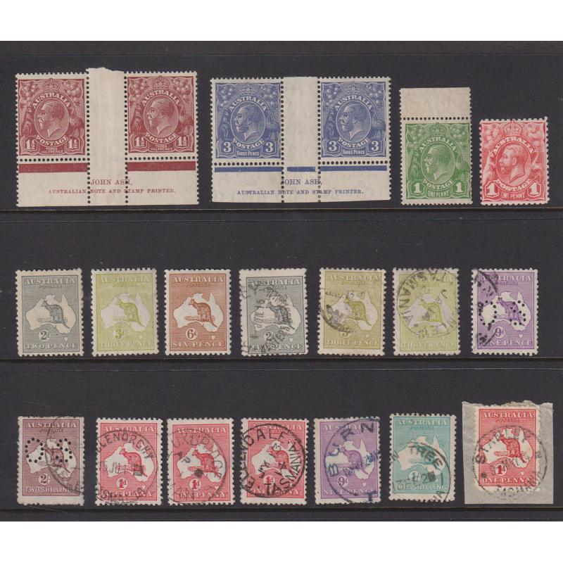 (VV1137L) AUSTRALIA · 1913/31: consignment remainders comprising mostly used KGV defins (including OS perfins) to 1/4d · includes some useful items · also some M/U Roos to 2/- · 100+ stamps (3 images)