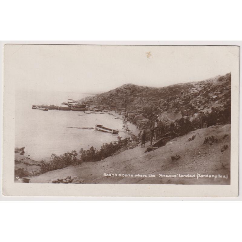 (VV1214) AUSTRALIA · c.1920: unused real photo card card w/view BEACH SCENE WHERE THE 'ANZACS' LANDED (DARDANELLES) · some light mounting marks on the back o/wise in excellent condition