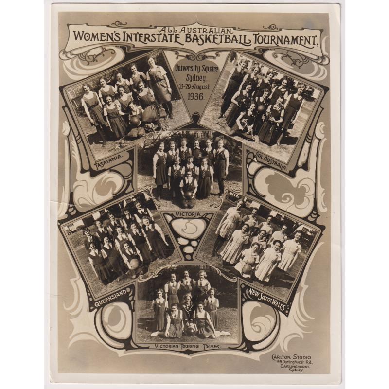 (VV1219L) NEW SOUTH WALES · 1936: large size (160x210mm) souvenir photo by the Carlton Studio, Sydney with multiple portraits of teams participating at the ALL AUSTRALIAN WOMEN'S INTERSTATE BASKETBALL TOURNAMENT · excellent condition