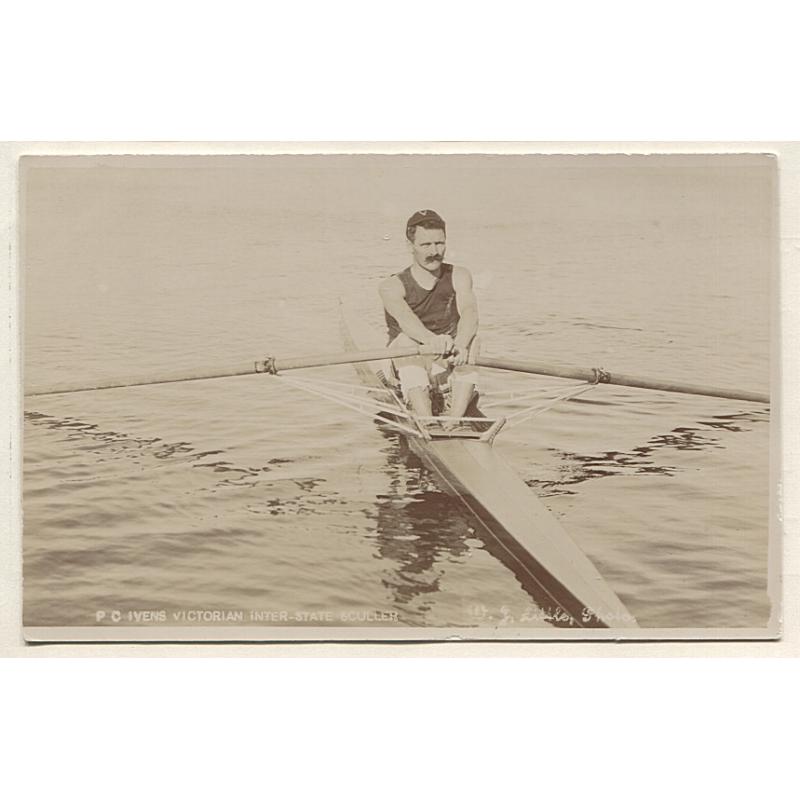 (VV15011) TASMANIA · VICTORIA  1910: unused real photo card by W.J. Little with a portrait of "P.C. IVENS VICTORIAN INTER-STATE SCULLER", the photo would have been taken at New Norfolk · fine condition