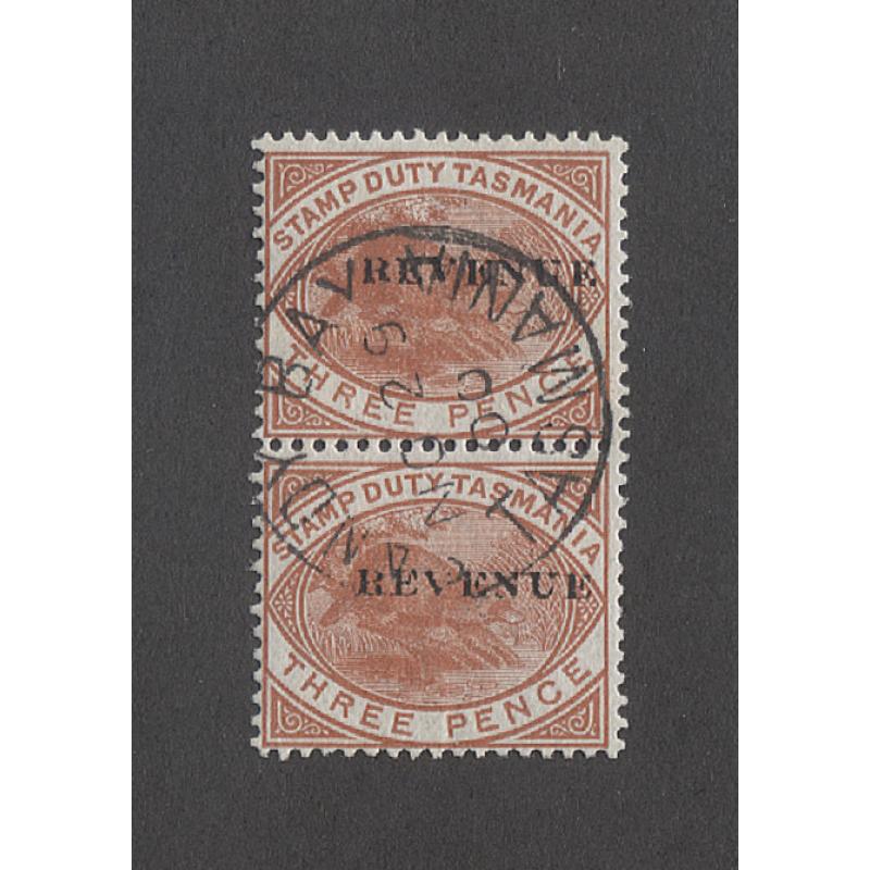 (VV15054) TASMANIA · 1900: vertical pair of 3d chestnut Platypus postal/fiscals optd REVENUE SG FG34 postally used at SANDY BAY · stamp valid for postal use until Nov 30th · total c.v. £70 (2)