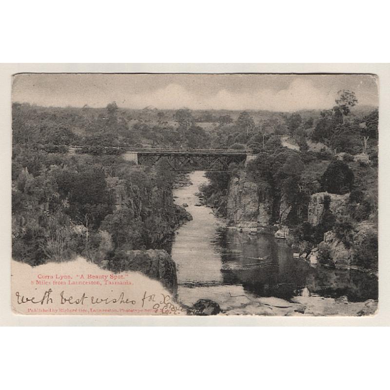 (VV15109) TASMANIA · 1905: Richard Gee card w/view CORRA LYNN "A BEAUTY SPOT" postally used with a pair of ½d Pictorials · excellent condition