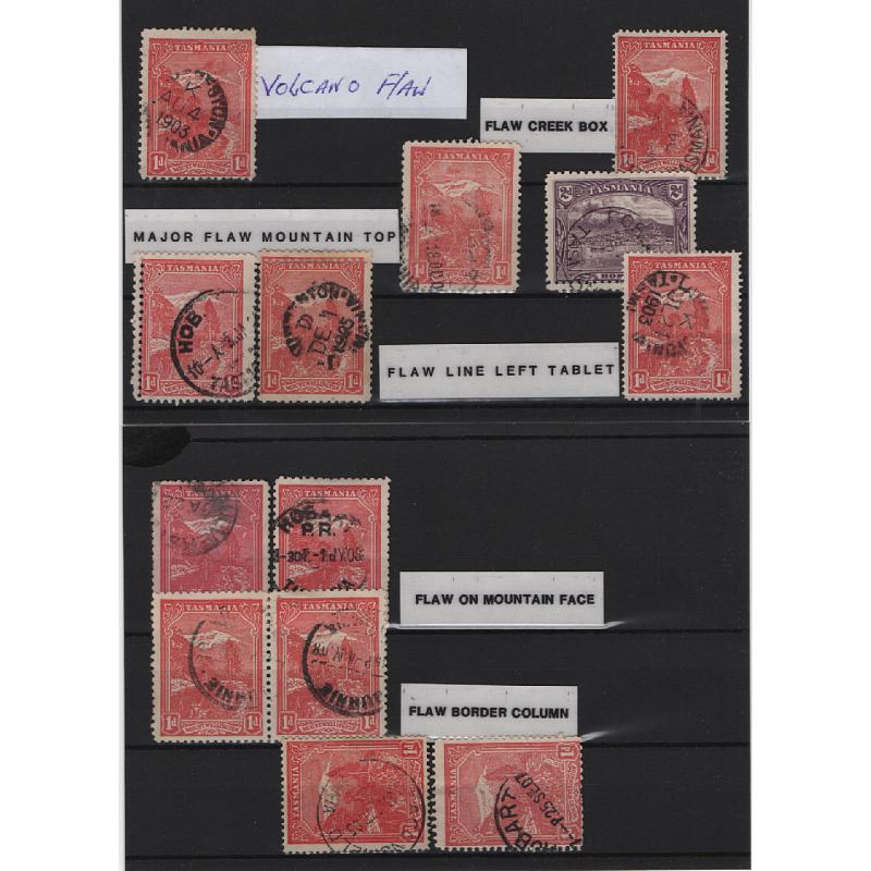 (VV15120) TASMANIA · Pictorials collection remnants with varieties, flaws and double perforations  · the VOLCANO FLAW RETOUCH has a c.v. of AU$150 alone! · some duplication (12 items))