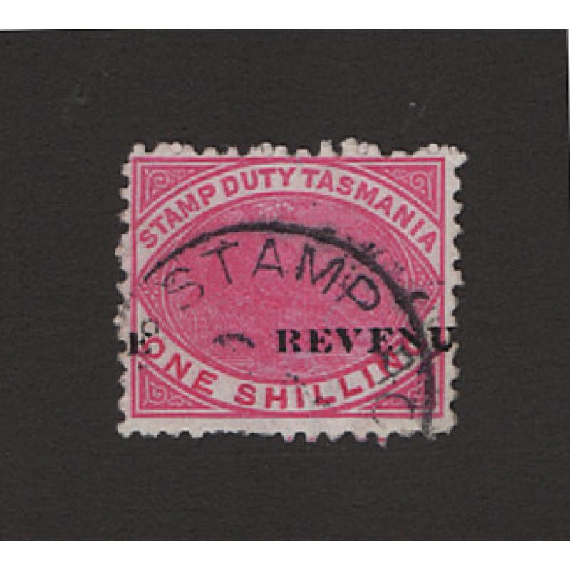 (VV15121) TASMANIA · 1900/01: used 1/- rose-pink Platypus S/Duty optd REVENUE (Craig 7.50) with 'E' of 'REVENUE' on LH side of stamp · somewhat ragged perfs but very presentable all the same · c.v. for "normal" AU$75